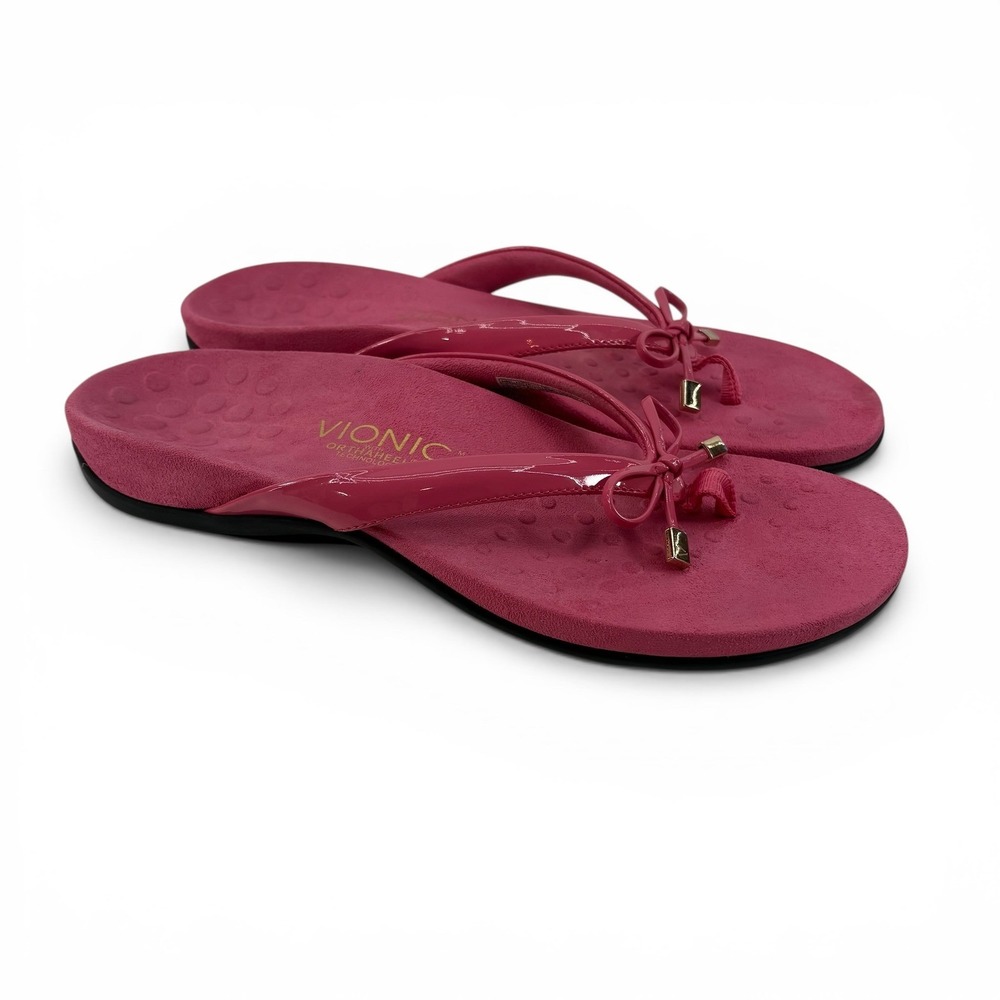 Vionic Bella II Pink Orthotic Sandals Bow Flip Flops Womens 9 Ortho heel Fuchsia